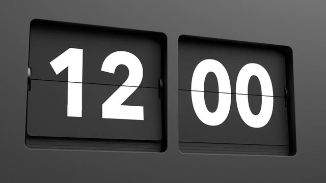 Twelve o'clock. A flip clock calendar turns slowly from 11:59 to 12:00. Deadline concept. Ultra slow motion. High quality 3d animation.