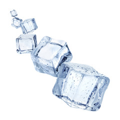 Falling ice cubes, isolated on white background