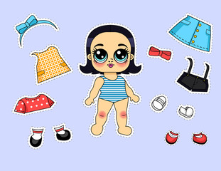 Color vector illustration of a girl with a set of different outfits. Design games for girls. Character girl with clothes isolated from the background. Set with clothes and a doll for carving.