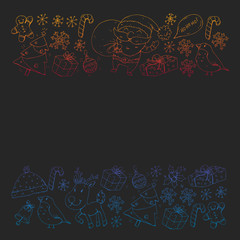 Christmas winter party. Happy new year. Bullfinch, Santa Claus, snowman, deer. Presents and candy.