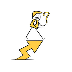 businessman standing on arrow chart with question mark yellow stick figure theme