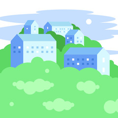 Fototapeta premium Minimal geometric style city landscape with trees and hills