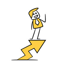 businessman standing on arrow chart yellow stick figure theme