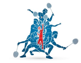 Group of Badminton player action cartoon graphic vector
