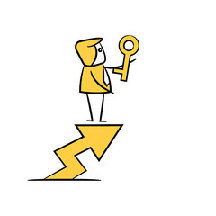 businessman standing on arrow chart holding key yellow stick figure theme