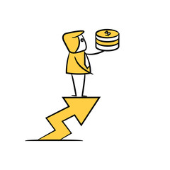 businessman standing on arrow chart holding money coins yellow stick figure theme