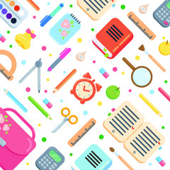 Education background for banner, poster, add. Flat colorful design of school supplies isolated on white background