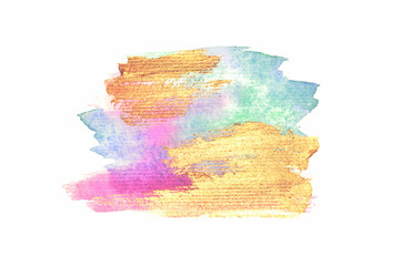Abstract golden, pink and blue watercolor stains on white background for your design