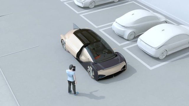 Man using smartphone to remote control car parking. Self parking system concept. 3D rendering animation.