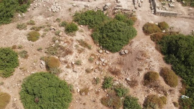 The ruins of the late Hellenic Jewish settlement Hurvat Sumak on Mount Carmel, Israel. View from the drone.