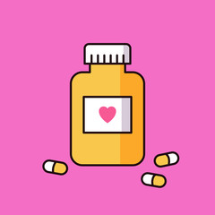 Cartoon colorful medical bottle with pills icon. Pharmacy vector illustration. 