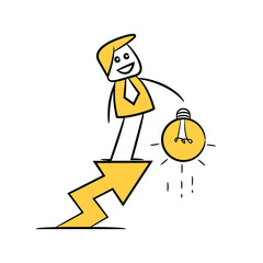 businessman standing on arrow chart and light bulb with yellow stick figure theme