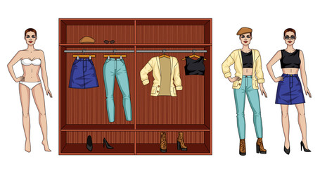 Color vector illustration of a female modern wardrobe for the autumn. A woman standing next to a closet with clothes. Two urban outfits for a female wardrobe. Female doll with clothes and wardrobe