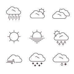 Weather icon set. Line art vector simple outlines illustrations. Meteorological infographics signs. Web icons vector design