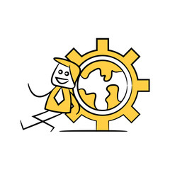 businessman sitting next to world yellow stick figure doodle theme