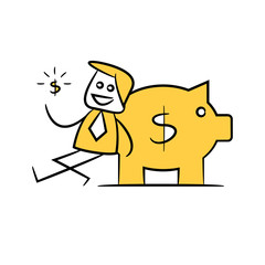 businessman sitting next to piggy bank yellow stick figure doodle theme