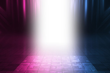 Obraz premium Empty background scene. Rays of light open door in the dark, neon light, smoke. Background of empty stage show. Abstract dark background.
