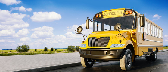 School bus driving on the road, concept of going back to school, beautiful sunny day, 3d rendering - obrazy, fototapety, plakaty