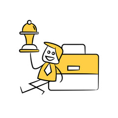 businessman holding chess,sitting next to briefcase yellow stick figure theme