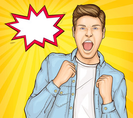 Happy young man raising hands in yes gesture celebrating success, guy excited by good news, lucky successful winner, speech bubble, Vector Illustration on yellow background, pop art retro comic style