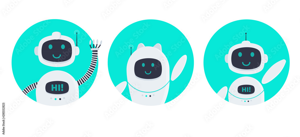 Poster 3 robots chatbot icon sign set flat style design vector illustration isolated on white background. c