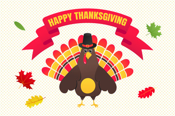 Happy thanksgiving day flat style design poster vector illustration with turkey, text and autumn leaves. Turkey with hat and colored feathers celebrate holidays!