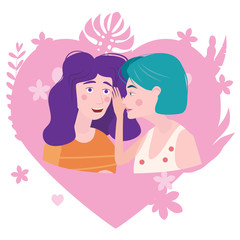 Woman whispering gossip, surprised, says rumors to other female character. Gossiping secret woman flat vector illustration.