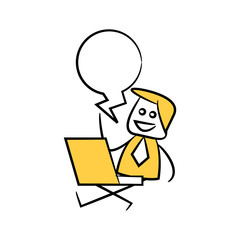 businessman sitting with laptop and speech bubble yellow stick figure theme