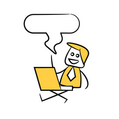 businessman sitting with laptop and speech bubble yellow stick figure theme