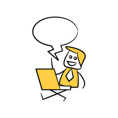 businessman sitting with laptop and speech bubble yellow stick figure theme