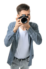 Male photographer on white background