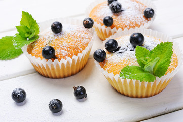 Fresh homemade blackcurrant muffins with mint leaves on a wooden white table in rustic style.