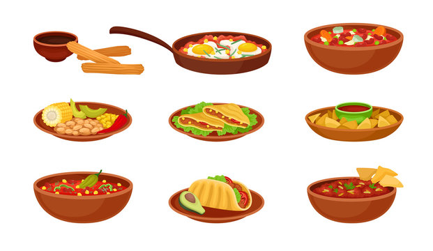 Set of images of traditional mexican dishes. Vector illustration on white background.