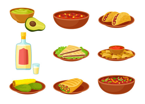 Set of images of mexican dishes. Vector illustration on white background.