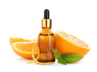 Citrus essential oil on white background