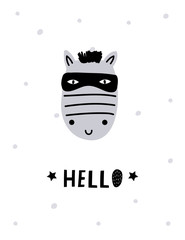 Baby print with zebra, super hero. Hand drawn vector illustration for poster, card, label, banner, flyer, baby wear, kids room decoration. Scandinavian style.