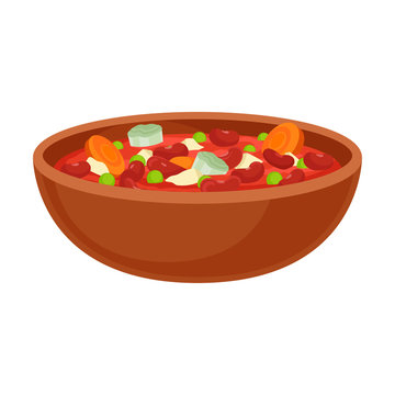 Tomato soup with beans and vegetables. Vector illustration on white background.