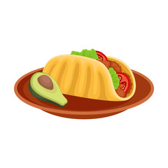 Fajitos with meat and vegetables on a plate. Vector illustration on white background.