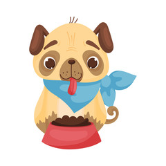 Cute pug in a blue triangular bib in front of a bowl of food. Vector illustration on white background.