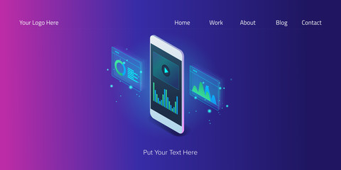 Mobile analytic, video analysis software, data analysis, isometric design concept with abstract background.