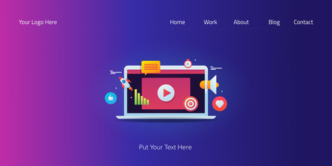 Obraz premium Video player displaying on laptop screen, digital marketing concept with icons and text, web banner template, vector illustration.