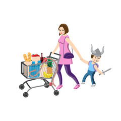 Mother woman rolls the cart with food and holds the childs hand playing Vikings. Vector graphic design element.