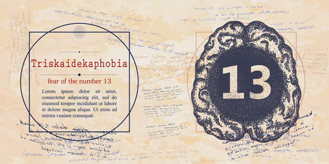 Triskaidekaphobia. Fear of number 13 phobia. Psychological vector illustration. Psychotherapy and psychiatry. Medieval medicine manuscript