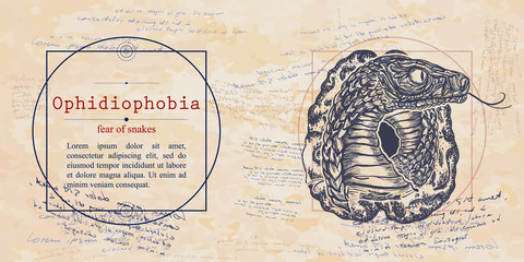 Ophidiophobia. Fear of snakes phobia. Psychological vector illustration. Psychotherapy and psychiatry. Medieval medicine manuscript