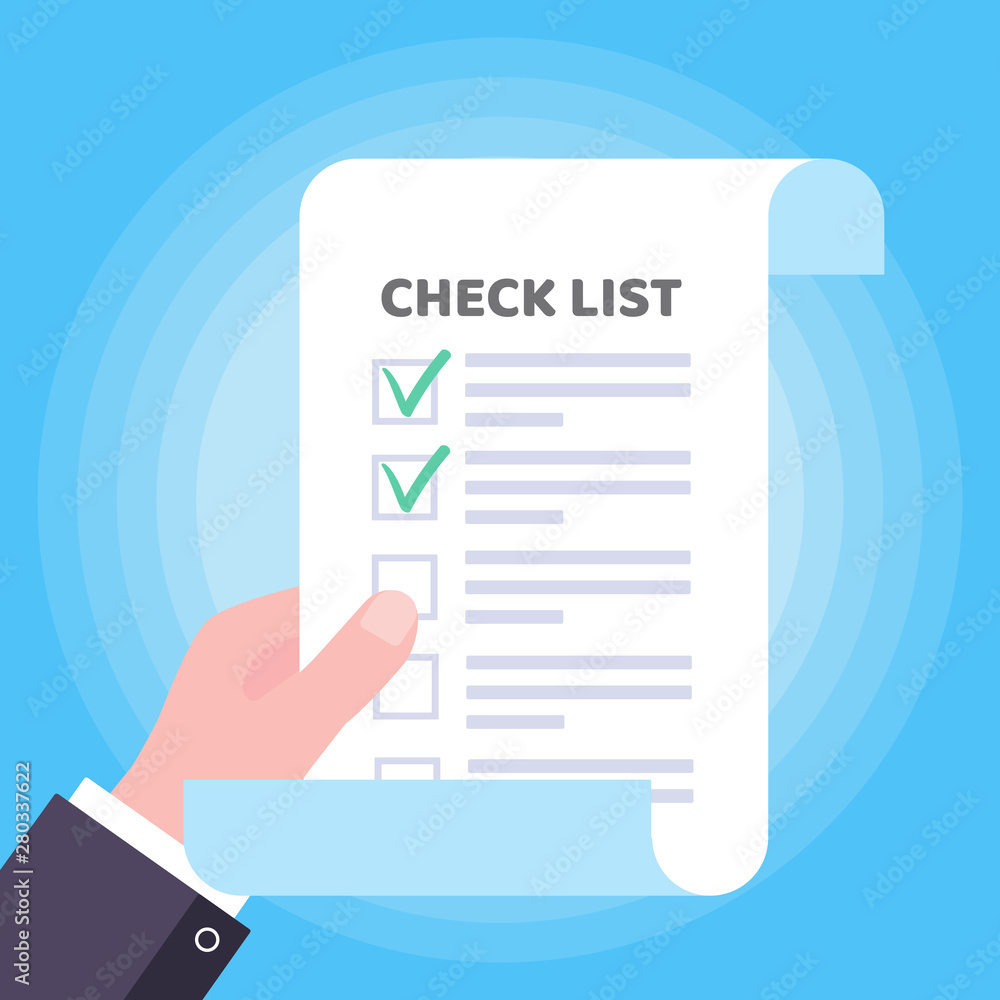 Poster hand hold page of paper with check list claim form to fill out, text on, check marks tick v and cros