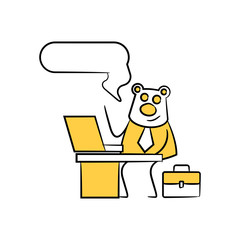 bear worker, businessman sitting and working with laptop speech bubble yellow stick figure
