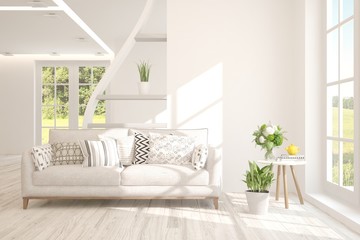 Stylish room in white color with sofa and summer landscape in window. Scandinavian interior design. 3D illustration