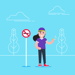 Girl smokes cigarette near no smoking sign flat style vector illustration isolated on light blue background. Concept of no smoking areas.