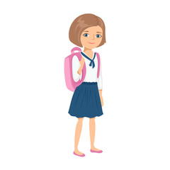 Girl with backpack goes to school. Cute kid with bag isolated on white background. Vector illustration of happy smiling child in cartoon simple flat style.