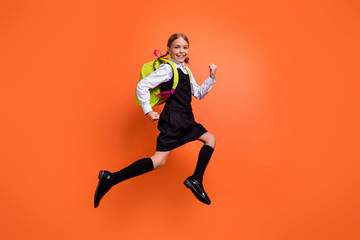 Full length body size view of nice attractive lovely cheerful cheery glad diligent pre-teen girl...